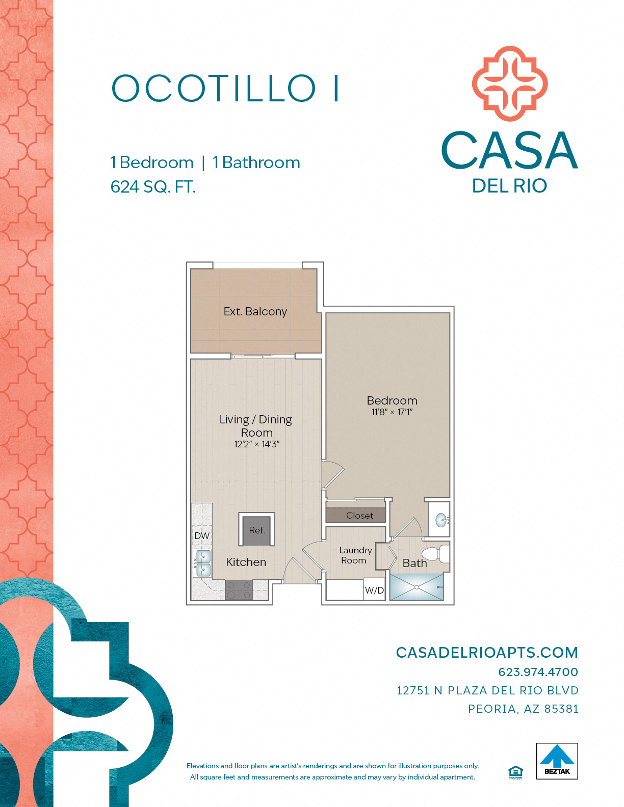 Floor plan for 1 bed, 1 bath, 624 sqft